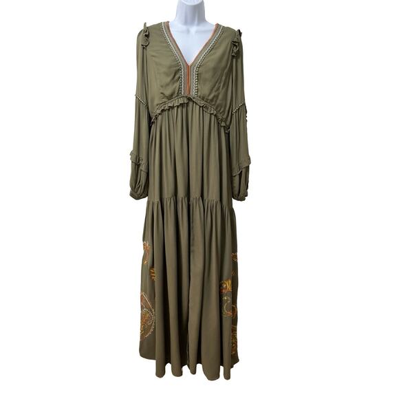Hale Bob Josephine Embroidered Tiered Maxi Long Dress Size L Olive Green Boho - Picture 1 of 12